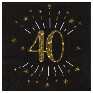 10 Serviettes Âge étincelant métal, 40 ans, noir or. 16,5 X 16,5cm