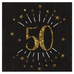 10 Serviettes Âge étincelant métal, 50 ans, noir or. 16,5 X 16,5cm