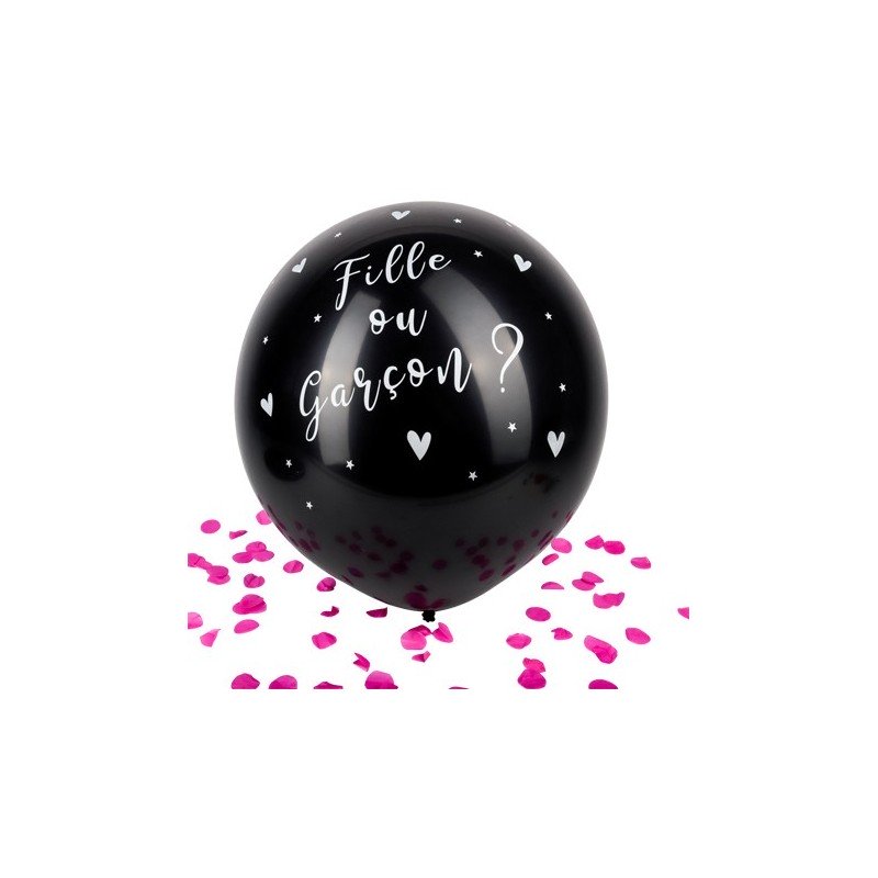 Palloncino gigante nero, Ø 60cm, con coriandoli rosa