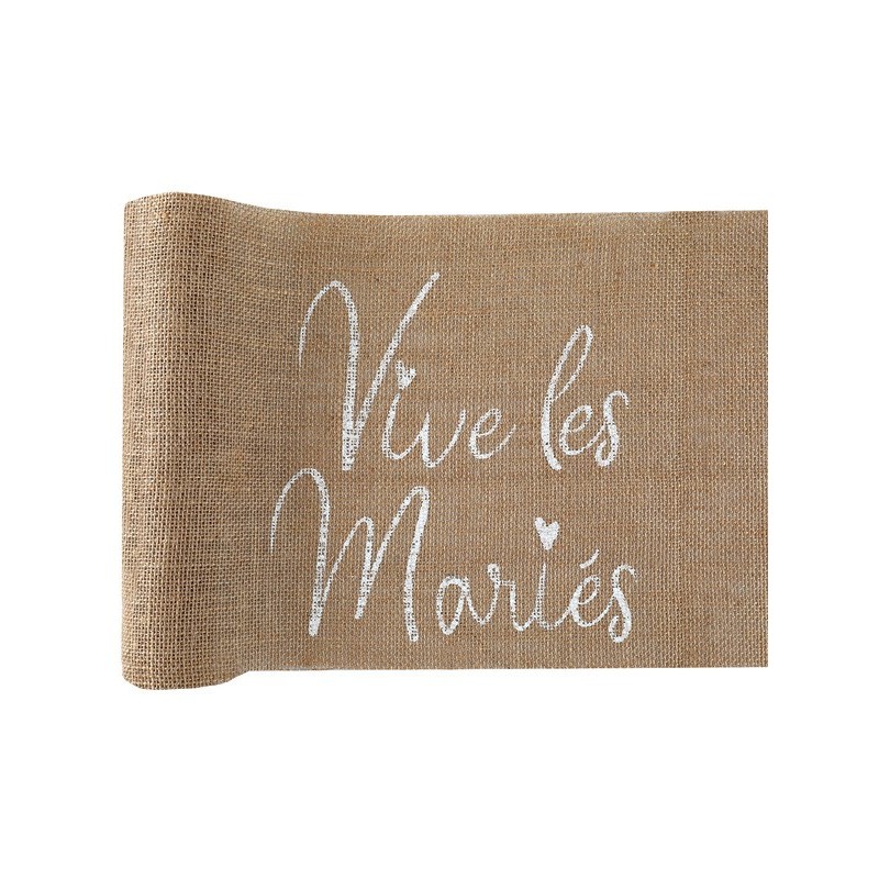 Chemin de table en jute "Vive les Mariés" 28cm x 3m Chemin de table en jute "Vive les Mariés" 28cm x 3m