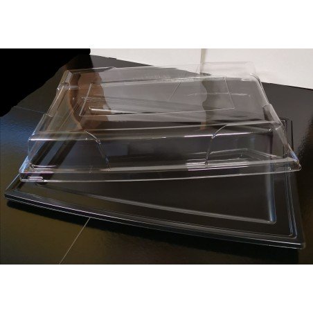 5 plats noir en pet noir 460 x 305 x 18 mm avec couvercle dôme transparent, 460 x 305 x 70mm