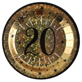 10 assiettes en carton, or et noir, 20 ans Ø 22.5 cm