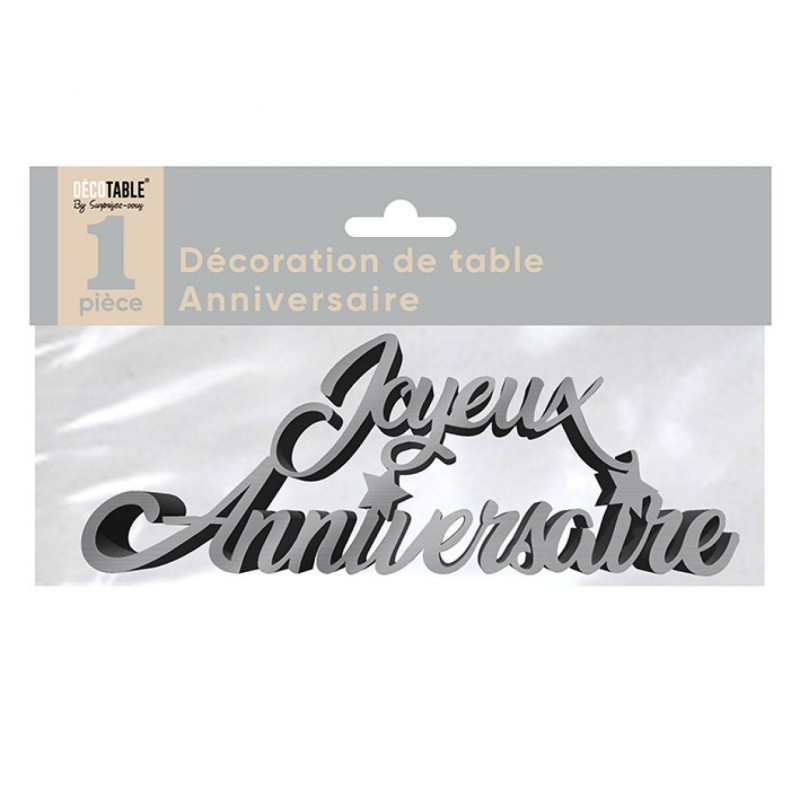 Déco de table "joyeux anniversaire", 3D, métallisée, argent Déco de table "joyeux anniversaire", 3D, métallisée, argent