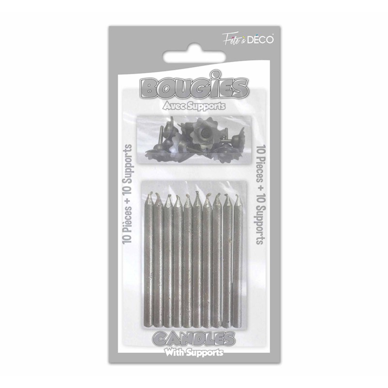 10 candele glitter con supporto, argento 10 candele glitter con supporto, argento