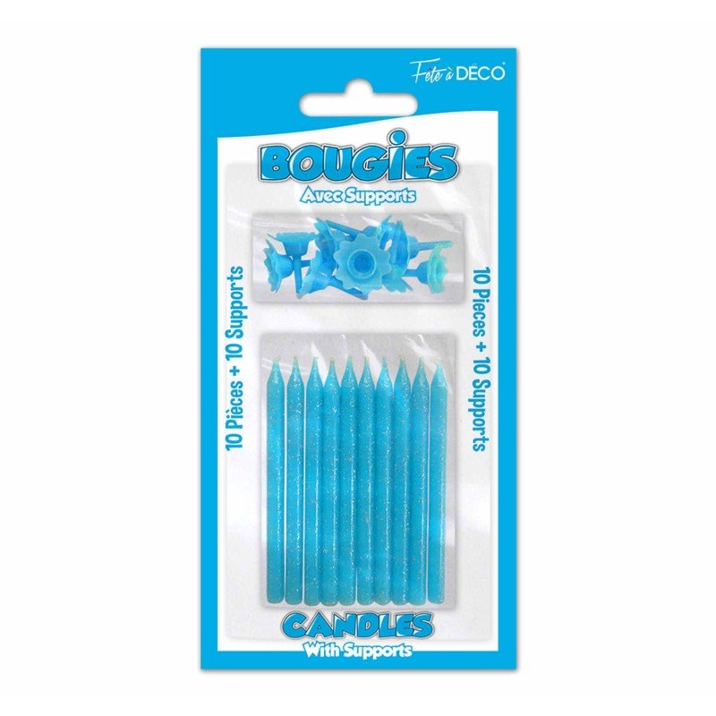 10 candele glitter con supporto,  blu