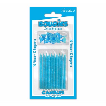 10 Bougies pailletées avec support, bleu