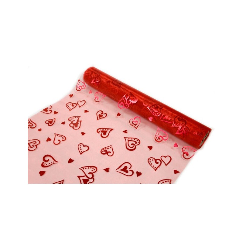 1 runner di tavola, cuori, organza 28cmx5m rosso/rosso
