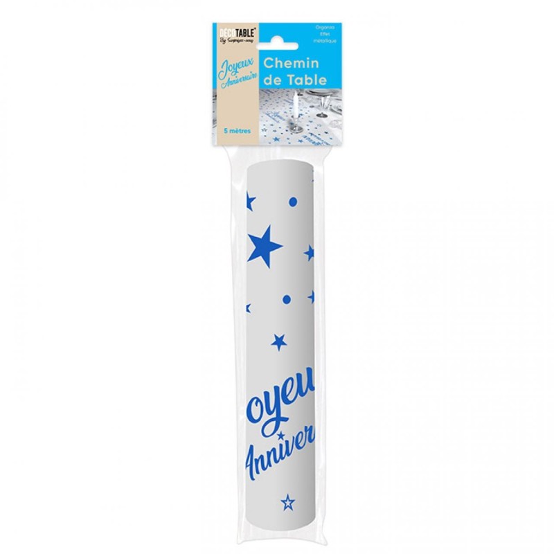 Chemin de table " Joyeux anniversaire" 28 cm x 5 mètres, organsa bleu Chemin de table " Joyeux anniversaire" 28 cm x 5 mètres, organsa bleu