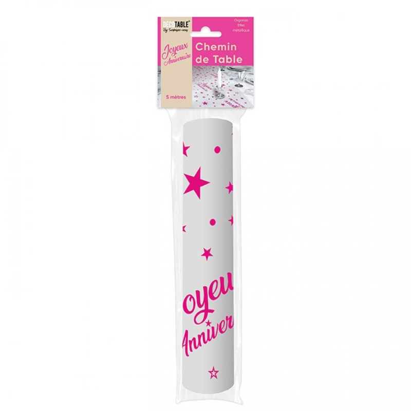Chemin de table " Joyeux anniversaire" 28 cm x 5 mètres, organsa fuchsia Chemin de table " Joyeux anniversaire" 28 cm x 5 mètres, organsa fuchsia