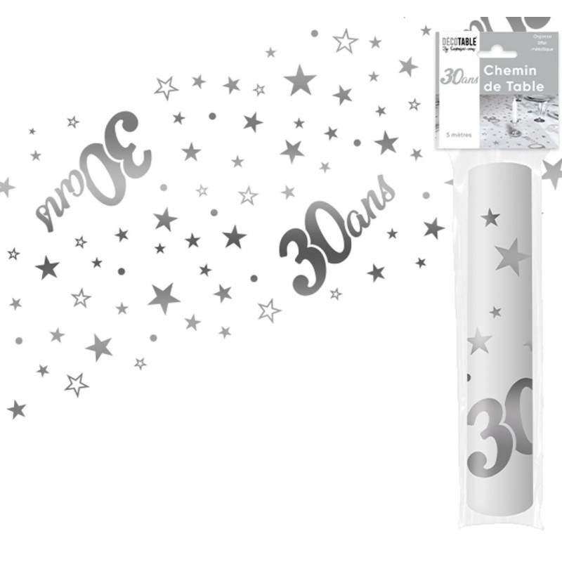 Runner da tavola "30 ans" argento 28 cm x 5 metri, organza Runner da tavola "30 ans" argento 28 cm x 5 metri, organza