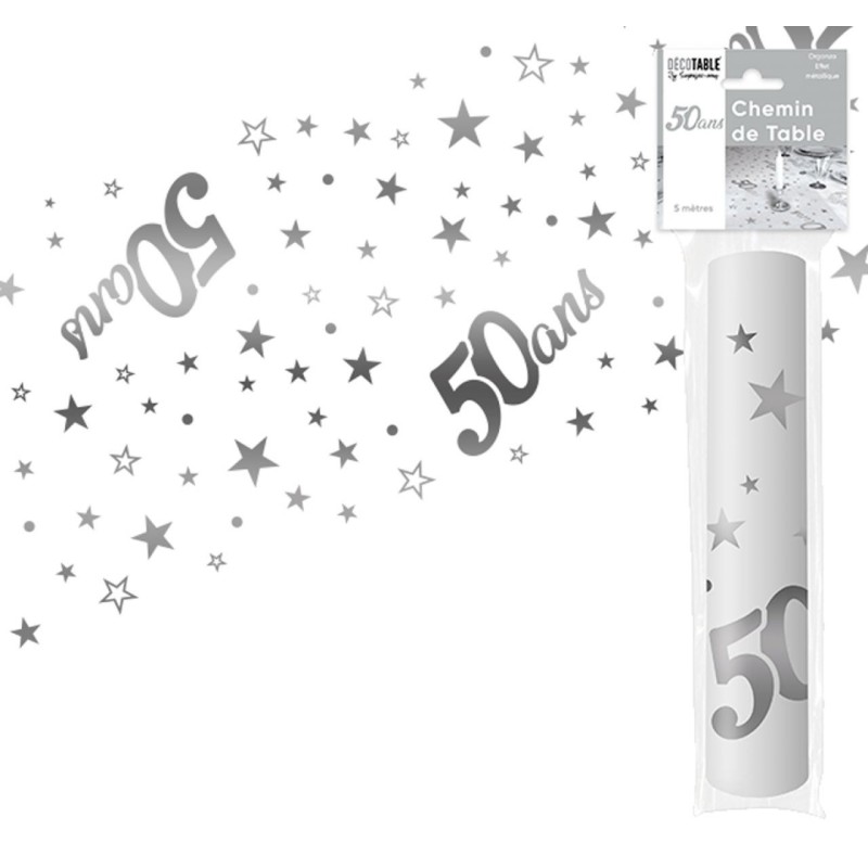 Runner da tavola "50 ans" argento 28 cm x 5 metri, organza Runner da tavola "50 ans" argento 28 cm x 5 metri, organza