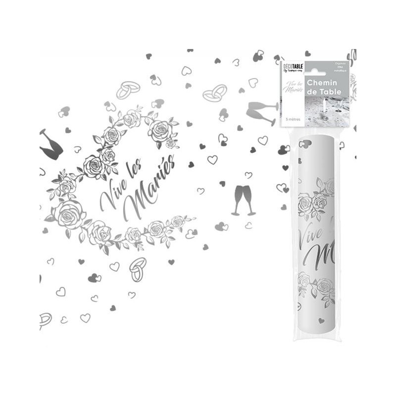 Tischläufer " Vive les mariés" 28 cm x 5 meter, organsa silber