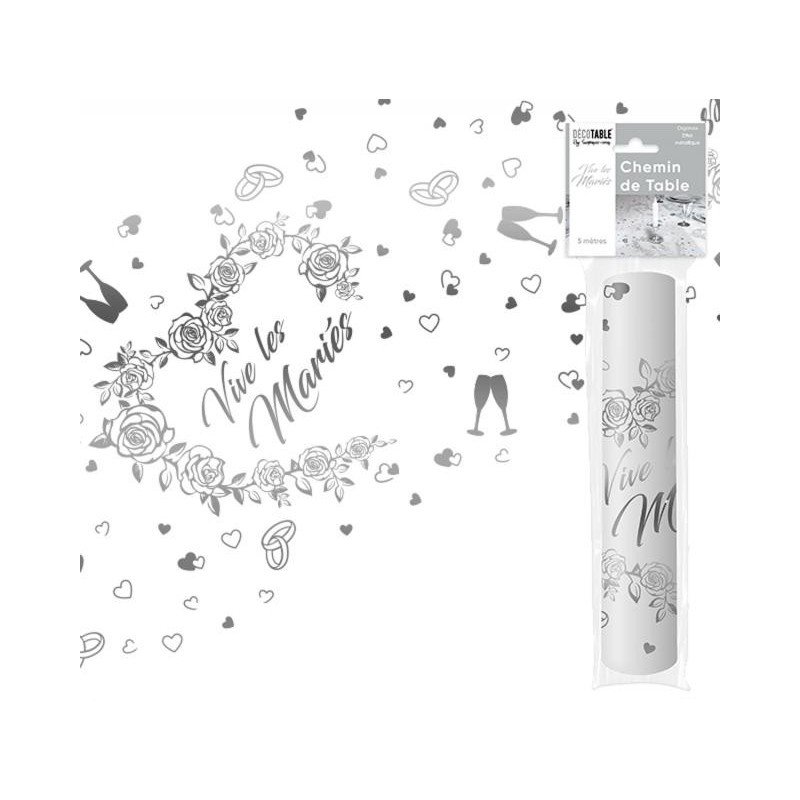 Chemin de table " Vive les mariés" 28 cm x 5 mètres,organsa argenté
