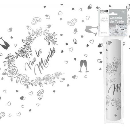 Runner "Vive les mariés" 28 cm x 5 metri, organo argentato