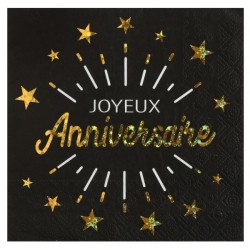 10 Serviettes Anniversaire étincelant, noir écriture or