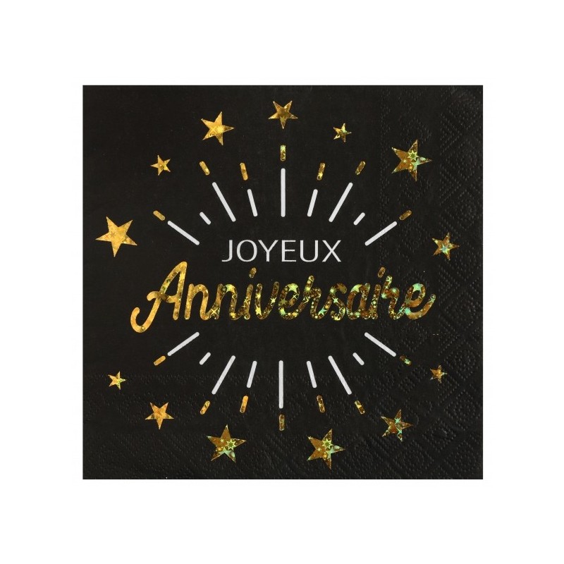 10 Serviettes Anniversaire étincelant, noir écriture or 10 Serviettes Anniversaire étincelant, noir écriture or