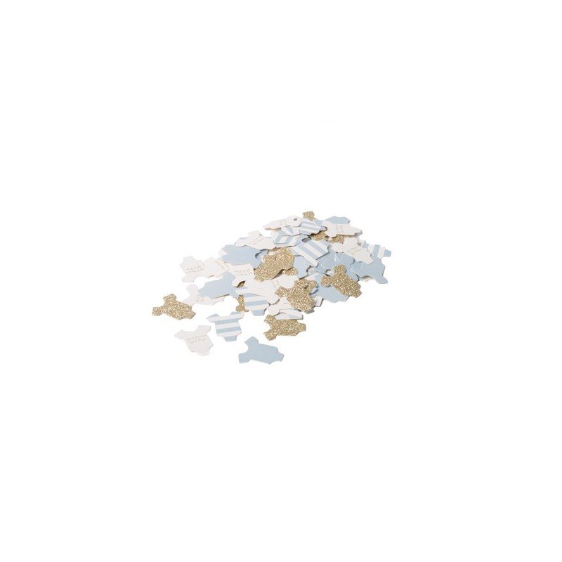 100 Confettis body bébé garçon ciel,blanc et paillettes champagne 3cm