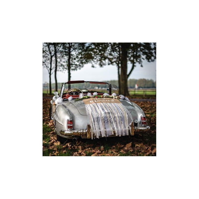 Kit voiture champêtre " Just Married" en jute ,dentelle, lin