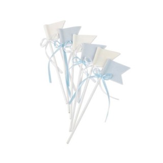 6 drapeaux sur pique velours ciel et blanc avec noeud