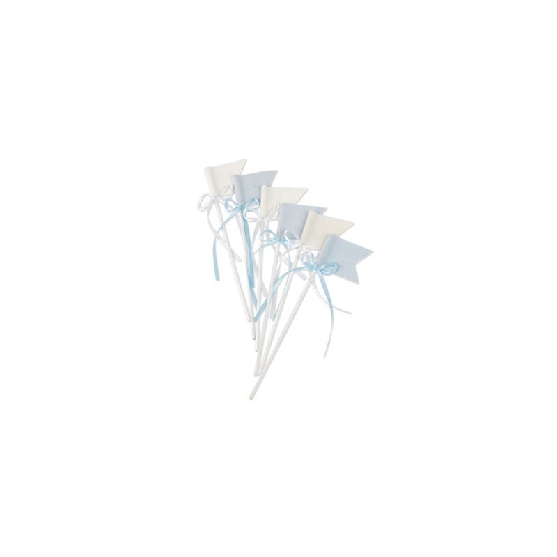 6 drapeaux sur pique velours ciel et blanc avec noeud