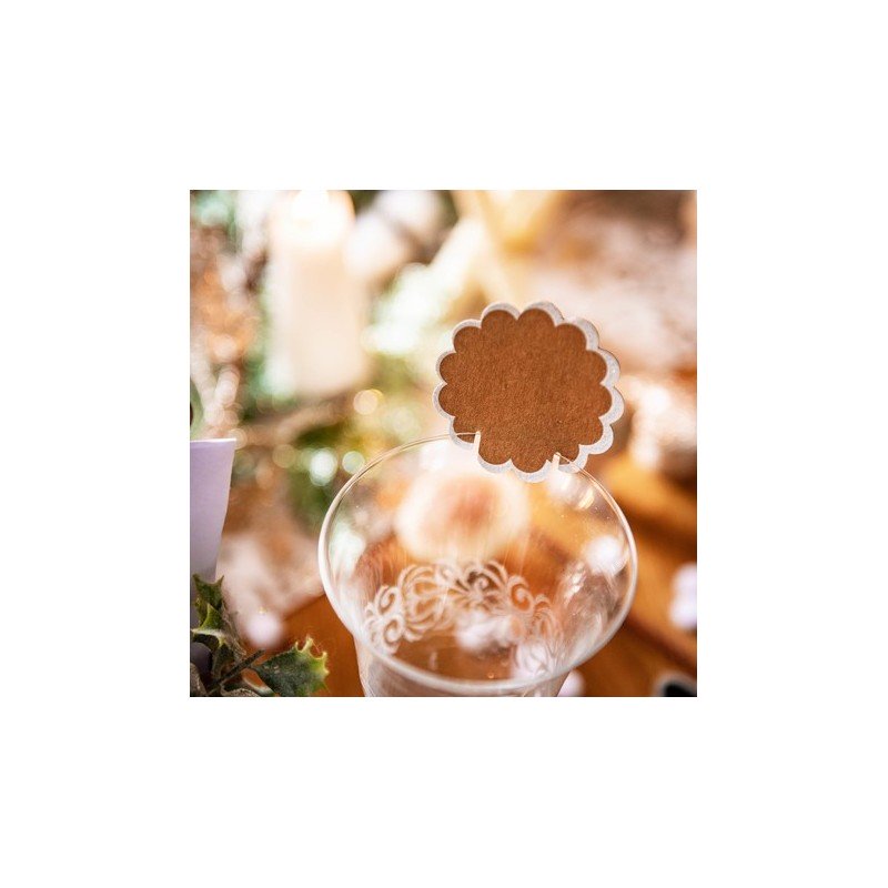 8 Marque-verres Feston Kraft paillettetés blanches 6cm