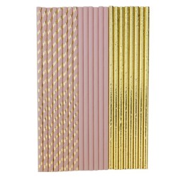 22 Pailles en carton rose poudre et or 19,5cm