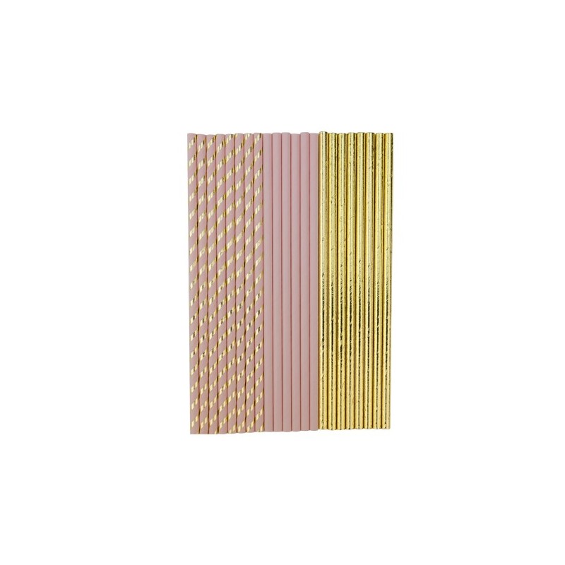 22 Pailles en carton rose poudre et or 19,5cm 22 Pailles en carton rose poudre et or 19,5cm