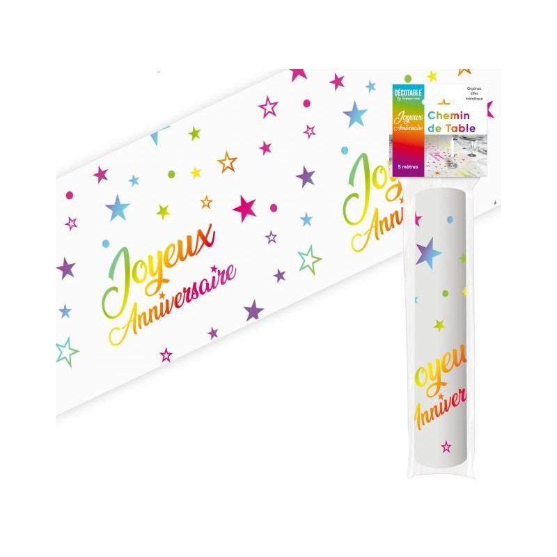 Chemin de table " Joyeux anniversaire" multicolore 28 cm x 5 mètres  Chemin de table " Joyeux anniversaire" multicolore 28 cm x 5 mètres