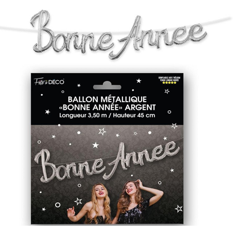 Silberne Metallic-Bonne Année-Ballongirlande. 3m50 x 45cm Silberne Metallic-Bonne Année-Ballongirlande. 3m50 x 45cm