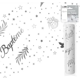 Runner da tavola "Baptême" 28 cm x 5 metri, organza metallizzata argento