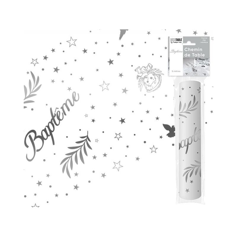 Chemin de table " Baptême" 28 cm x 5 mètres,organsa métallisé  argenté Chemin de table " Baptême" 28 cm x 5 mètres,organsa métallisé  argenté