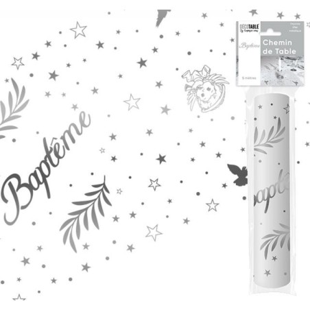 Chemin de table " Baptême" 28 cm x 5 mètres,organsa métallisé  argenté