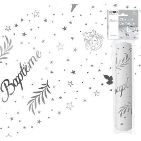 Runner da tavola "Baptême" 28 cm x 5 metri, organza metallizzata argento