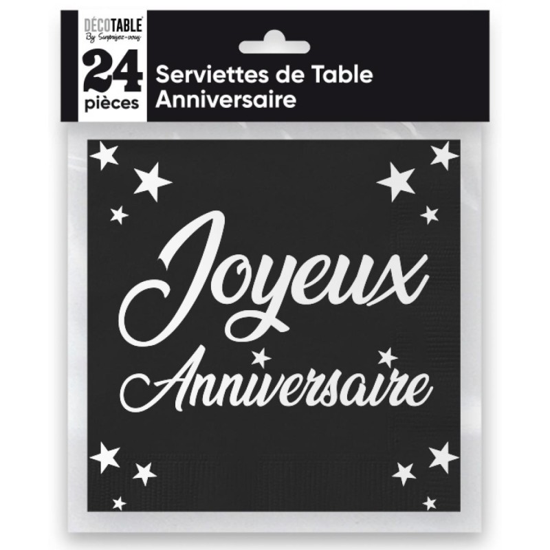 24 Serviettes, Joyeux Anniversaire, 3 plis, 33 x33 cm , Noir 24 Serviettes, Joyeux Anniversaire, 3 plis, 33 x33 cm , Noir