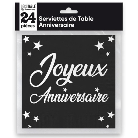 24 Serviettes, Joyeux Anniversaire, 3 plis, 33 x33 cm , Noir