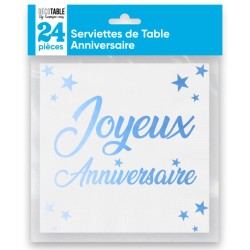 24 Serviettes, Joyeux Anniversaire, 3 plis, 33 x33 cm Bleu