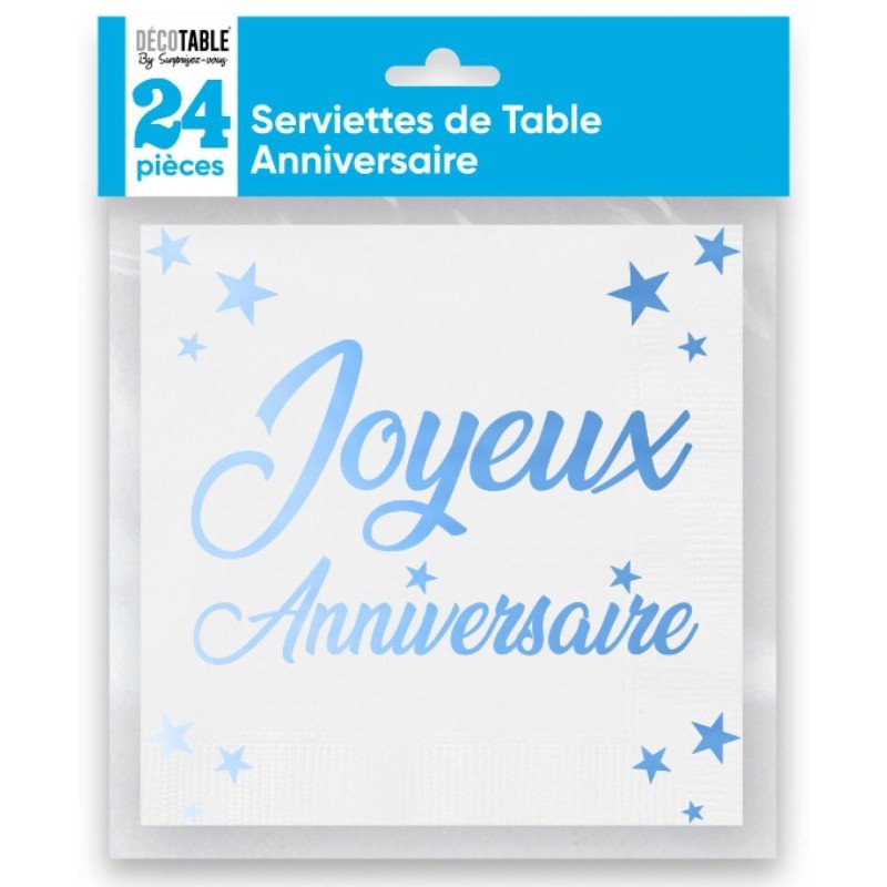 24 Servietten, Joyeux Anniversaire, 3-lagig, 33 x33 cm , blau
