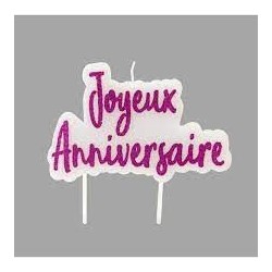Bougie silhouette "Joyeux Anniversaire" paillete sur pique. Fuchsia