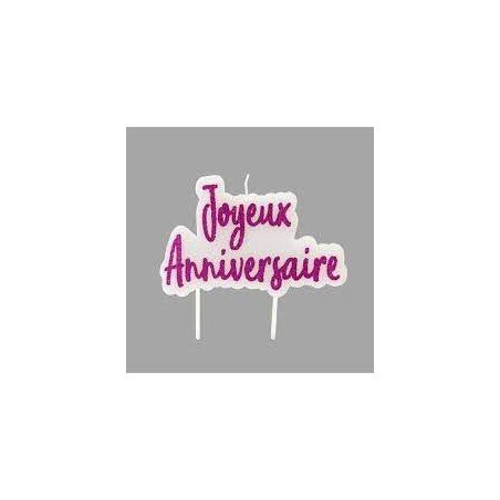 Bougie silhouette "Joyeux Anniversaire" paillete sur pique. Fuchsia